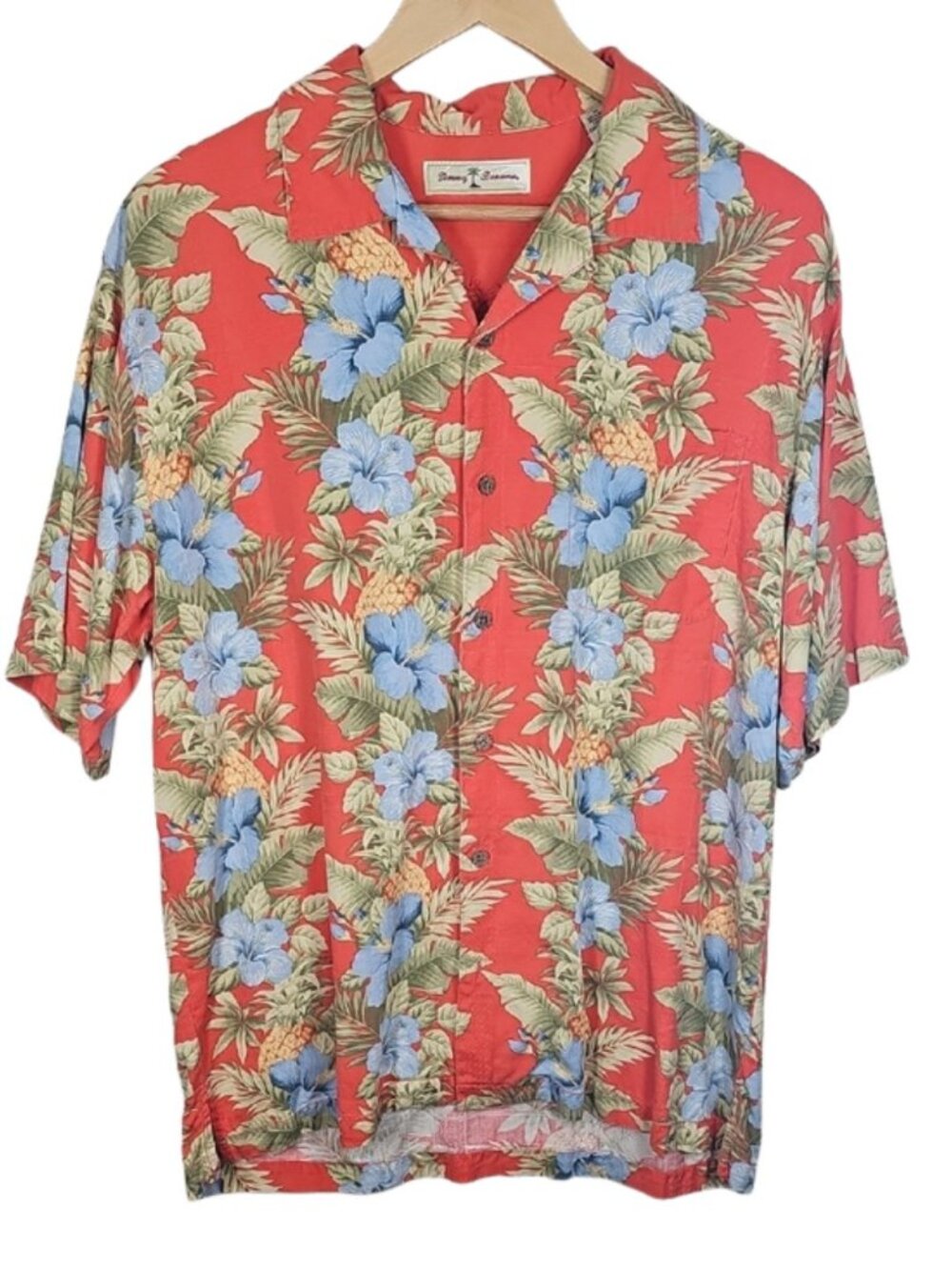 Tommy Bahama Men's M Silk Hawaiian Camp Shirt Blue Hibiscus Pineapple Tropical